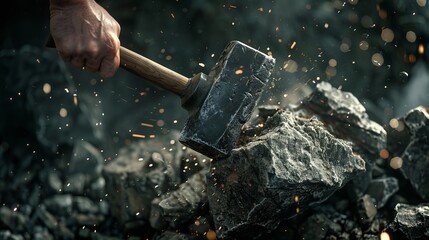Close-Up of a Hand Holding a Hammer Striking Rocks with Sparks Flying, Capturing the Moment of Impact - obrazy, fototapety, plakaty