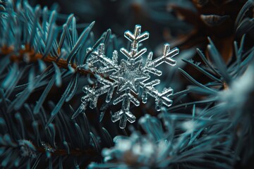 Naklejka na ściany i meble Silver Snowflake Amidst Blue Spruce Branches