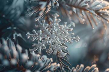 Naklejka na ściany i meble Elegant Snowflake Ornament Among Frosted Spruce