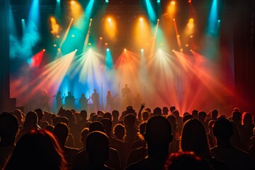Fototapeta na wymiar Concert Stage Lights Casting Crowd Silhouettes