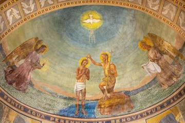 Foto auf Acrylglas MILAN, ITALY - MARCH 4, 2024: The fresco Baptism of Jesus in the church Chiesa di San Agostino as the copy of early mosaic destructed in WWII from 20. cent. © Renáta Sedmáková