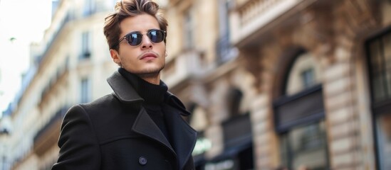 Man in black coat and sunglasses outside building