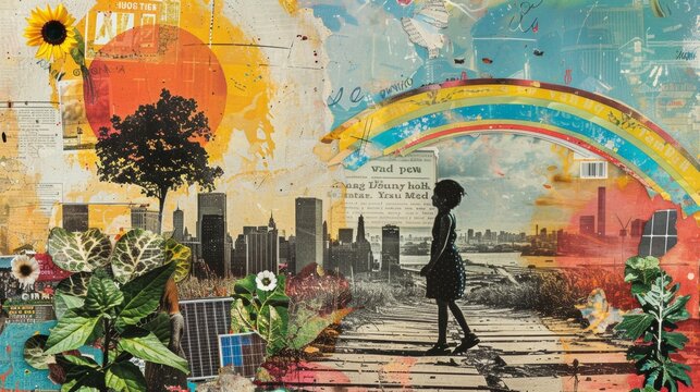 Visual narrative on eco-awareness, with rainbows and solar panels, highlighting sustainable choices