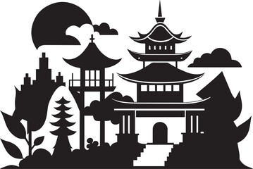 Naklejka premium Japanese architecture. Hand drawn vector illustration