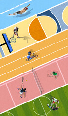 Creative colorful collage. Aerial view of different people of various sports in motion, training on various sports backgrounds. Concept of sport, creativity, competition, tournament. - 775155170