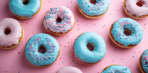 Milk-infused blue donuts in a minimalist tribute for World Milk Day: Soft pastel hues encircling a pristine frame for serene celebrations - obrazy, fototapety, plakaty