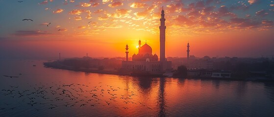Islamic Minaret Towering Above a Historic City The towers silhouette merges with the sky