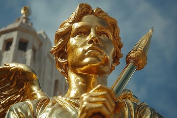 Mormon Angel Moroni Statue Trumpeting atop a Temple The figure blends with the sky