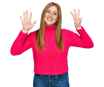 Young irish woman wearing casual clothes showing and pointing up with fingers number eight while smiling confident and happy.
