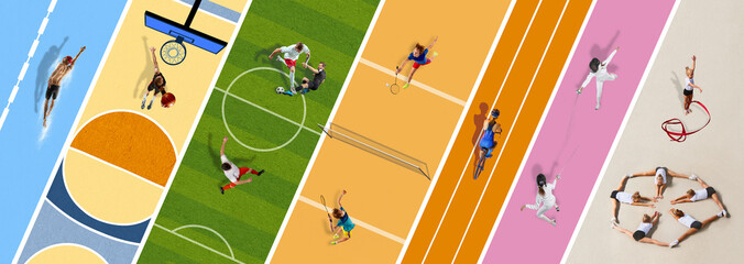 Creative colorful collage. Aerial view on athletes of different sports training, competing on different sports backgrounds, arenas. Concept of sport, creativity, competition, tournament. - obrazy, fototapety, plakaty