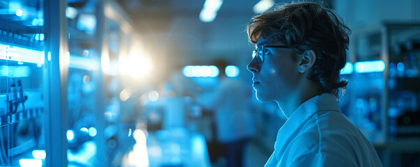 Quantum computer chip, bright blue glow, in a futuristic laboratory Advanced tech hums in the background The scientist in lab coat gazes in amazement Realistic, with backlights and lens flare - obrazy, fototapety, plakaty