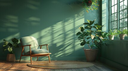 A calming green wall in an empty room with plush carpeting. - obrazy, fototapety, plakaty