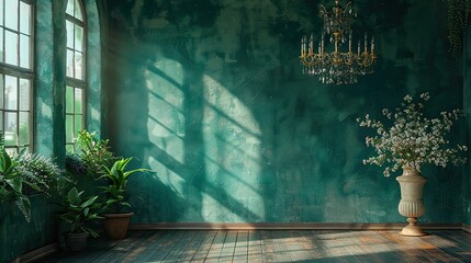 An empty room with a vintage chandelier and a rich emerald green wall. - obrazy, fototapety, plakaty