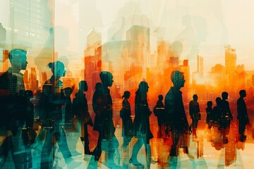 Fototapeta na wymiar Illustration showing the silhouettes of business professionals in a double exposure with a bustling cityscape, representing the interplay of corporate life and urban settings.