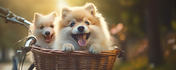 Cute happy dogs in bicycle basket ready for ride. - obrazy, fototapety, plakaty