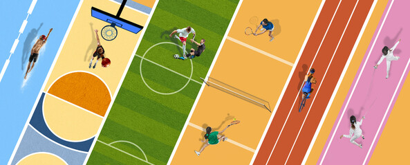 Creative colorful collage. Aerial view of different people of various sports in motion, training on various sports backgrounds, stadiums. Concept of sport, creativity, competition, tournament. - obrazy, fototapety, plakaty