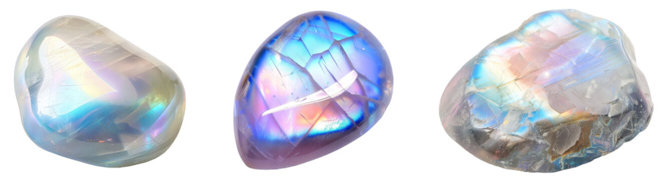 Set of An iridescent moonstone has a unique glow reminiscent of moonlight on isolated with transparent concept
