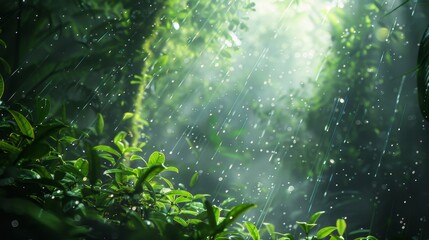 Enchanting rainforest wildlife  mossy trees, crawling vines, tropical birds, sunlight, dew drops