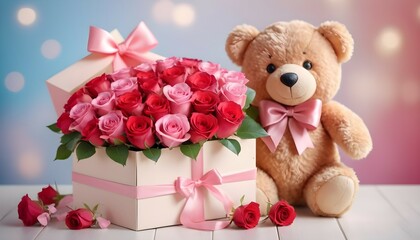 AI generated bouquet of beautiful red and pink roses flowers in box with bow and cute teddy bear on blurred background 
