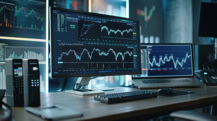 Fototapeta premium Detailed image of a trading station setup with multiple computer monitors displaying various financial graphs and data