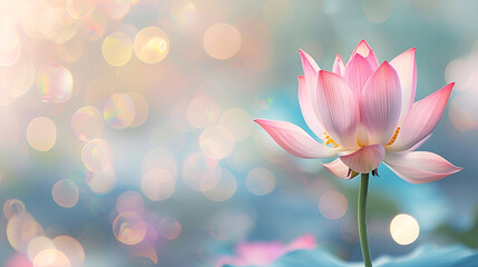 A festive bokeh background with a pink lotus flower, celebrating Buddha Purnima and Vesak Day