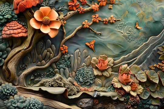 Plasticine painting of a river with many flowers and plants. The paintings have a calm and peaceful mood. Generative AI
