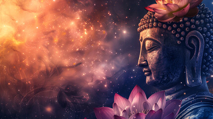 Buddha statue among lotus flowers on cosmic background