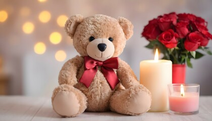 AI generated plush toy teddy bear with tie bow, gift box, candle and bouquet of red roses on blurred bokeh background 