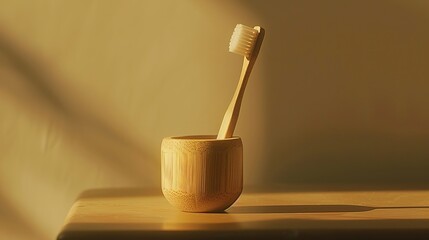 Fototapeta na wymiar Eco-Friendly Bamboo Toothbrush in Natural Holder on Wooden Surface, Concept of Sustainable Living