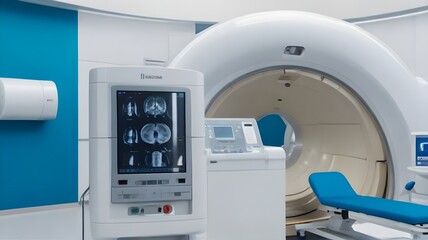 advanced MRI or CT medical diagnostic machine in hospital laboratory and results screen