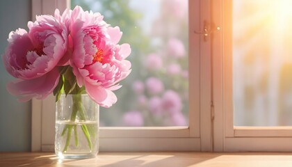 Pink peony flower and window with sun light copy space blurred background, AI Generated 