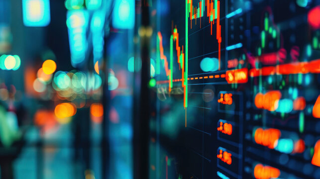Abstract image showing glowing stock market graphs and financial data on screens in a blurred background