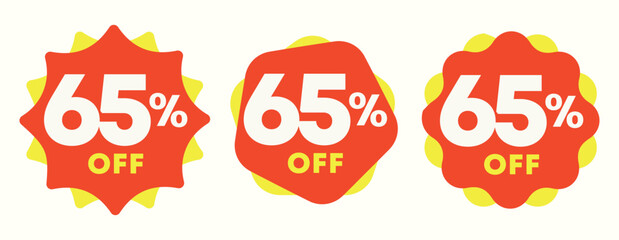 65% off. Special offer sticker, label, tag. Value discount poster, price. Shapes in yellow and red. Promo, discount, sale, store, retail, mall. Icon, vector