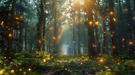 A mystical forest alive with the glow of fireflies - obrazy, fototapety, plakaty