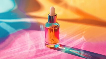 vibrant colorful background with a clear glass dropper bottle filled with golden liquid, reflecting light and shadows - obrazy, fototapety, plakaty