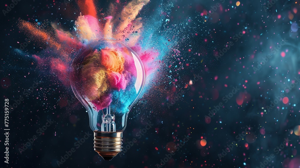 Wall mural a light bulb with a colorful explosion of powder in it, black background