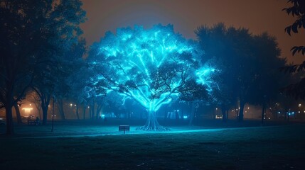 A tree with blue lights is lit up in a park. The lights are glowing and the tree is surrounded by a dark background. Scene is serene and peaceful, as the tree stands out against the dark sky