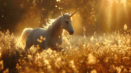 Obraz na płótnie Canvas A mythical unicorn frolicking in a sunlit meadow, its iridescent horn catching the light