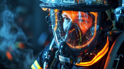 A firefighter in a full body suit with a mask on his face. The mask is glowing orange