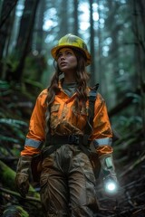Woman in Orange Jacket and Yellow Helmet Standing in Woods