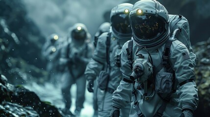 Naklejka premium A group of astronauts are walking through a rocky area. Scene is adventurous and exciting, as the astronauts are exploring a new and unknown environment