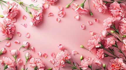 Eyecatching Banner with pink carnations on pink background with Happy Mother's day greeting