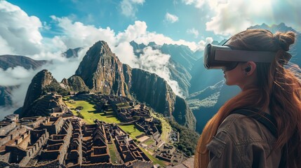 A woman wearing a VR headset stands in front of a mountain range. The mountains are covered in clouds, and the woman is looking out over the landscape - obrazy, fototapety, plakaty