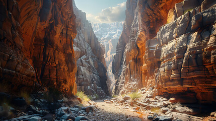 A narrow gorge with sheer cliffs on either side along a canyon trail - obrazy, fototapety, plakaty