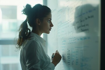 A woman officer in an minimal office, writing their plan to the whiteboard. The softlight is through a window behind them,