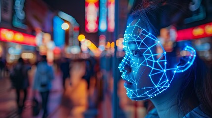 A woman is looking at a computer screen with a blue face - obrazy, fototapety, plakaty