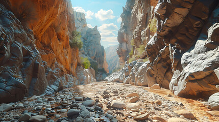 A narrow gorge with sheer cliffs on either side along a canyon trail - obrazy, fototapety, plakaty