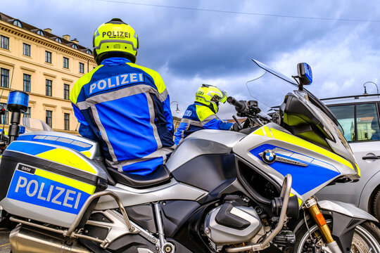 Munich, Germany - March 16: typical german police vehicle at the old town in Munich on March 16, 2024