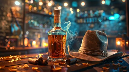 bottle of whiskey in a bar next to a cowboy hat - obrazy, fototapety, plakaty