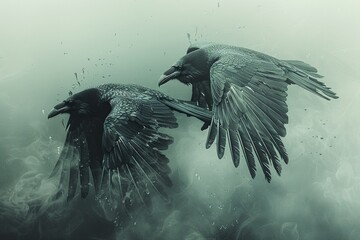 Norse God Odins Ravens in Flight Their shapes blending into the sky